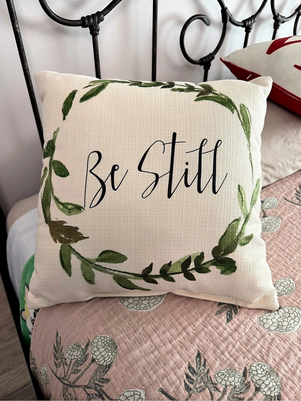 “Be Still” Floral Accent Pillow in Cream & Green